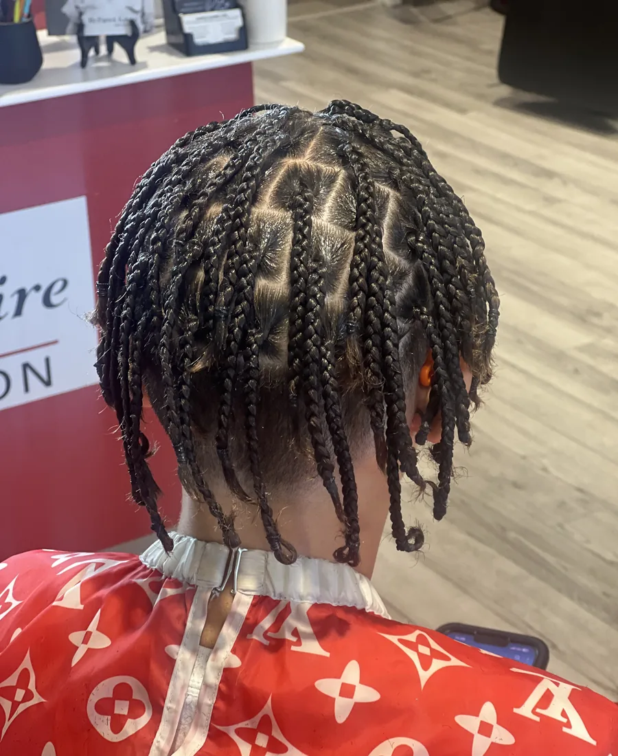 Box braids with square parts, seen from behind