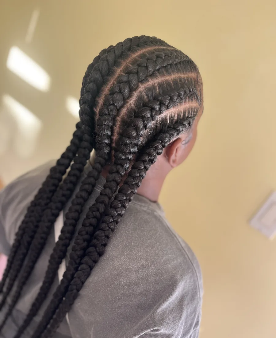 Long feed-in braids, seen from behind